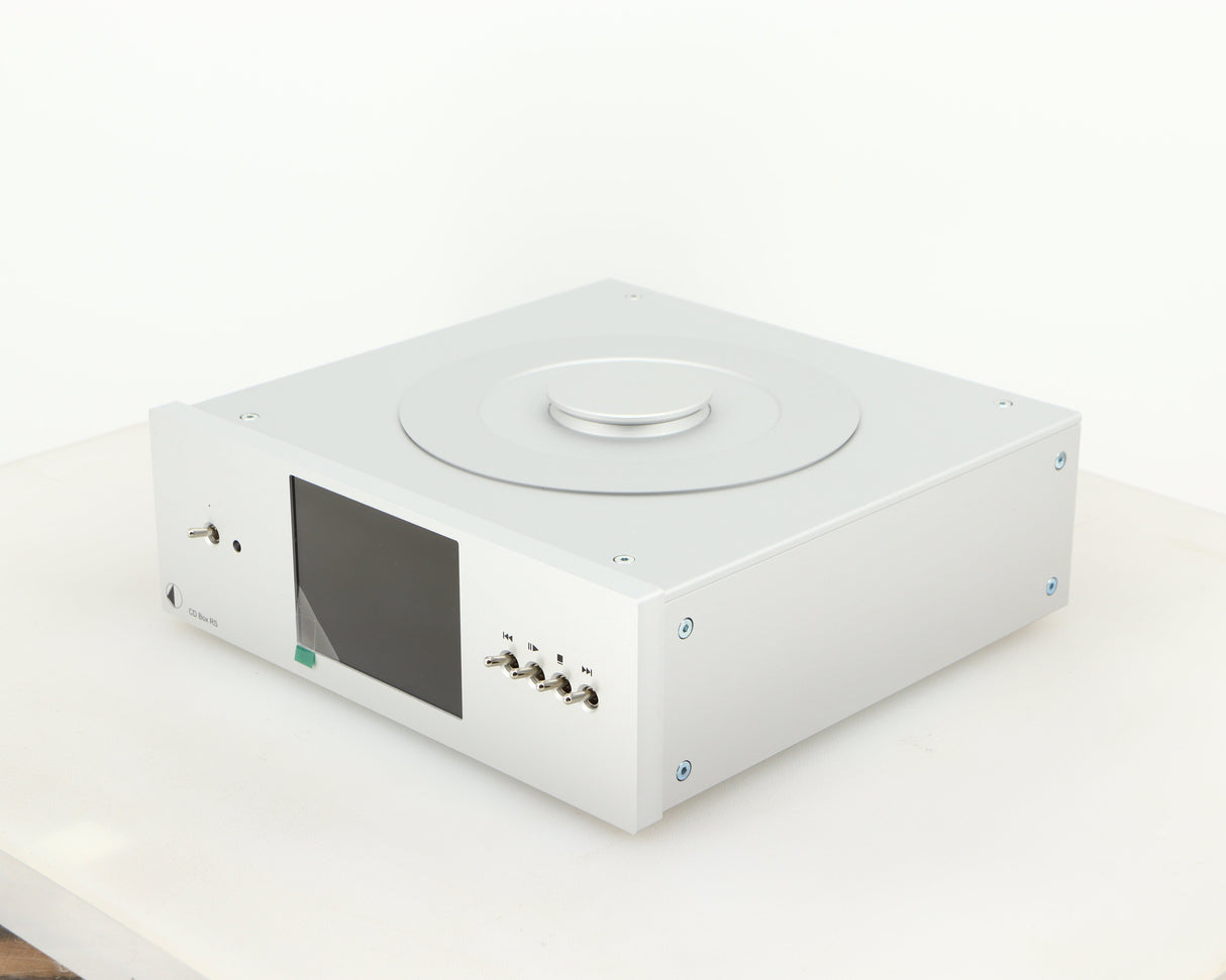 Front right corner of a used Pro-Ject CD Box RS CD Transport in a silver finish