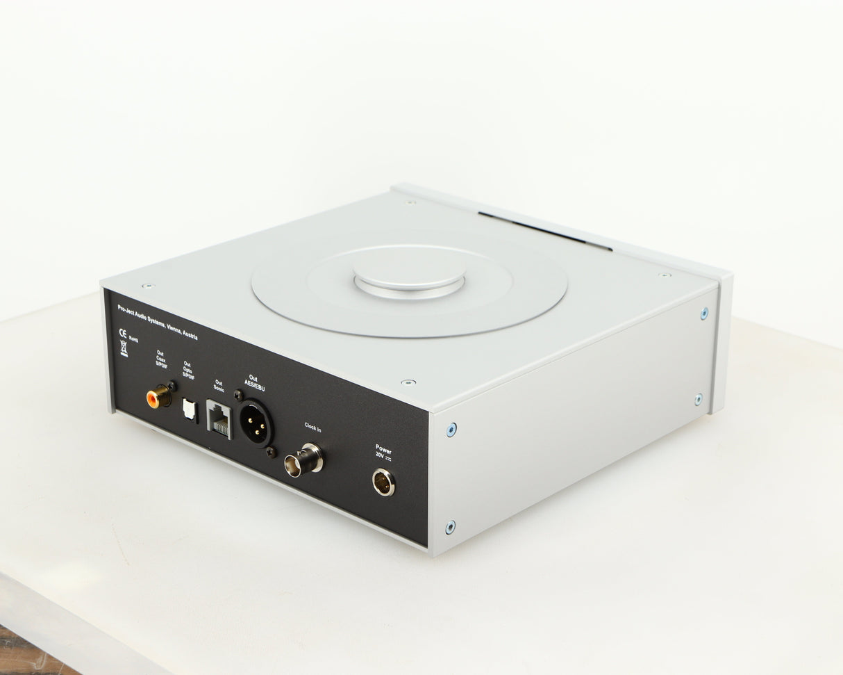 Rear left corner of a used Pro-Ject CD Box RS CD Transport in a silver finish
