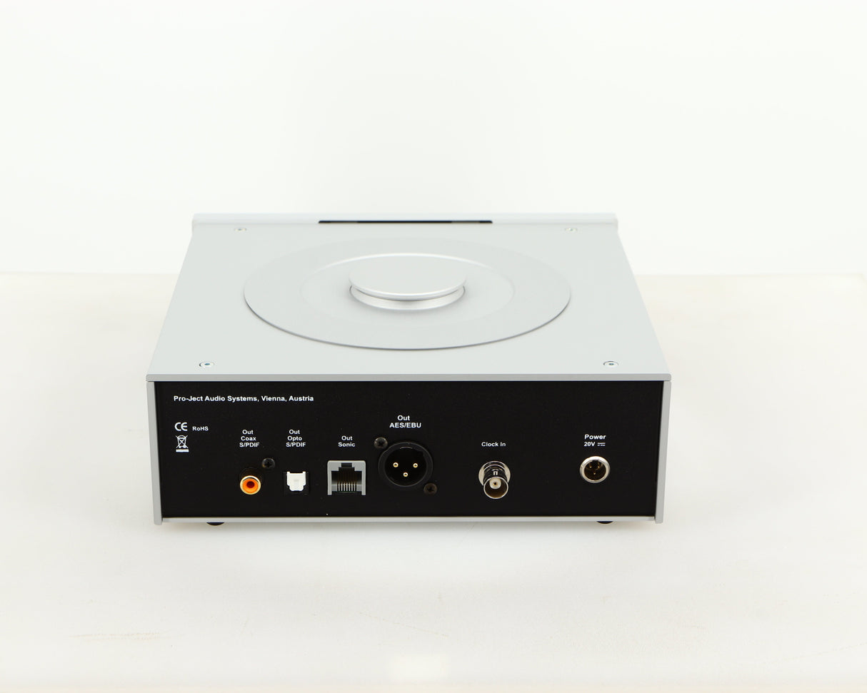 Rear view of a used Pro-Ject CD Box RS CD Transport in a silver finish showing Optical Output, Power Input and Phono Output