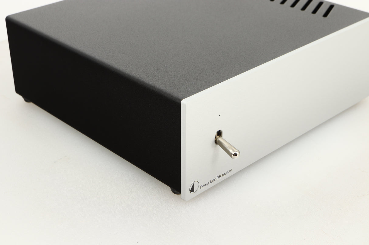 Front left corner view of a used Pro-Ject Power Box DS Sources Power Supply in Silver finish