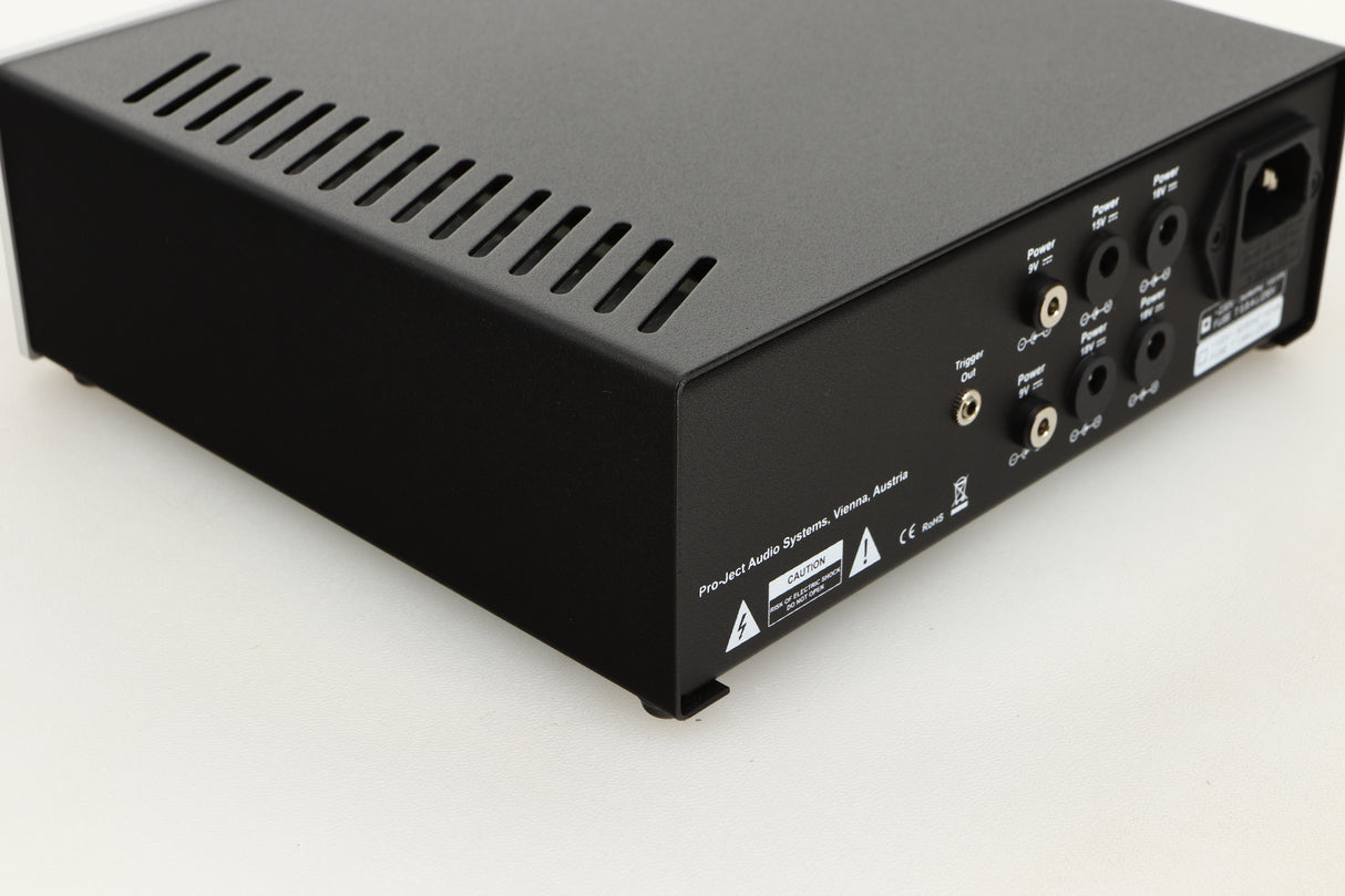 Rear left corner view of a used Pro-Ject Power Box DS Sources Power Supply in Silver finish