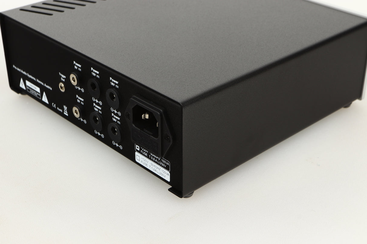 Rear right corner view of a used Pro-Ject Power Box DS Sources Power Supply in Silver finish