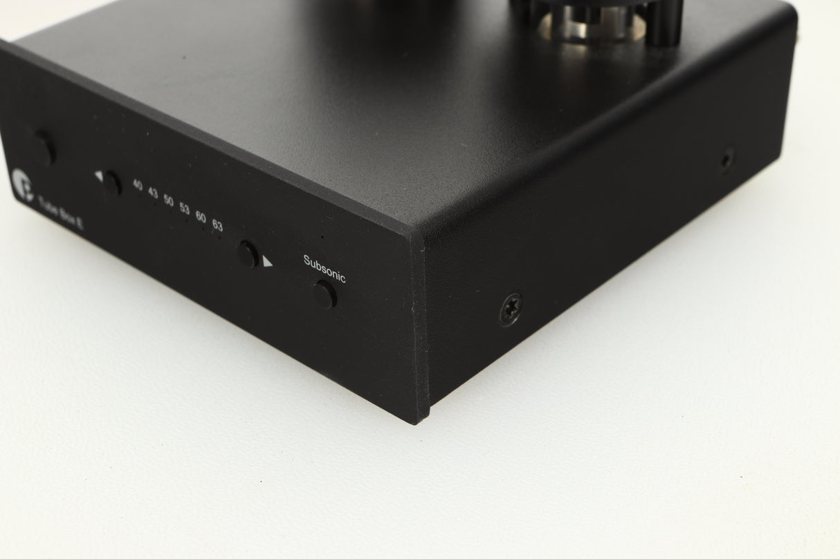 Front right corner view of a used Pro-Ject Tube Box E Phonostage in Black finish