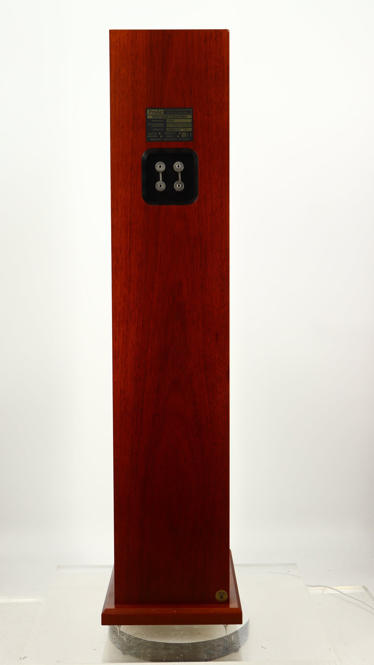 Rear view of a used Proac Response D18 Floorstanding Speaker in a mahogany finish