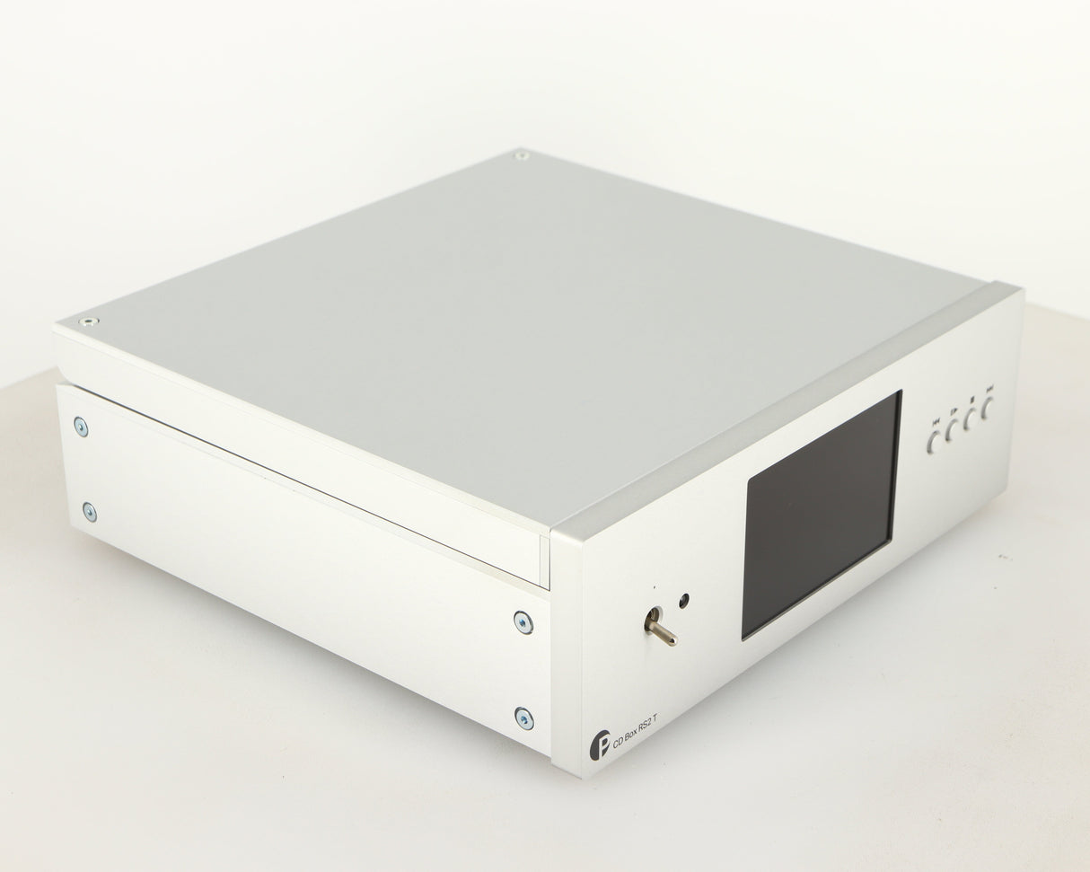 Front left corner of a used Project CD Box RS2 T CD Transport in a silver finish