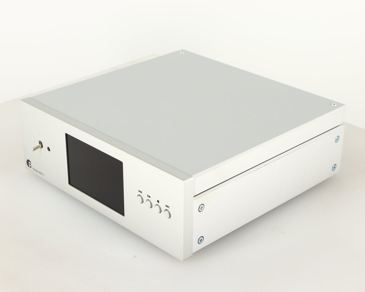 Front right corner of a used Project CD Box RS2 T CD Transport in a silver finish