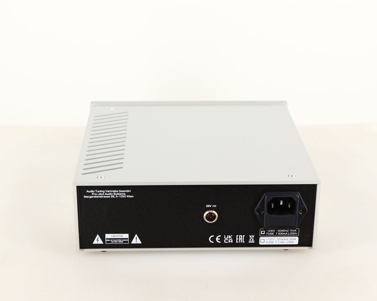 Rear view of a used Project Power Box RS Uni-1-Way Power Supply in a silver finish showing Mains Input