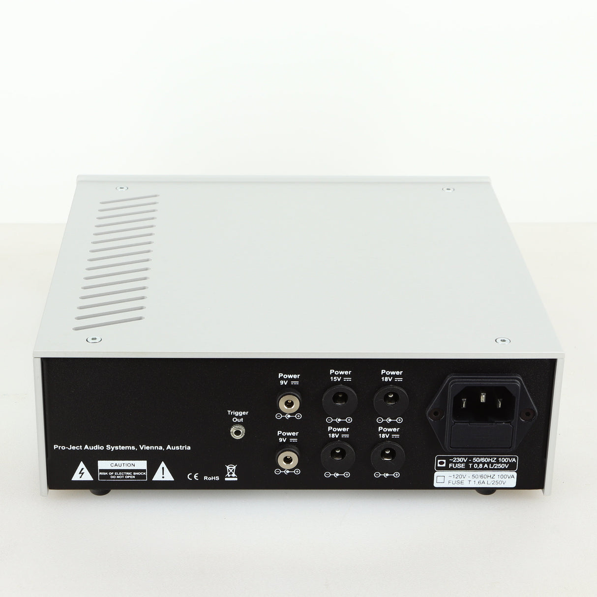 Rear view of a used Project Powerbox DS2 in a silver finish showing Mains Input