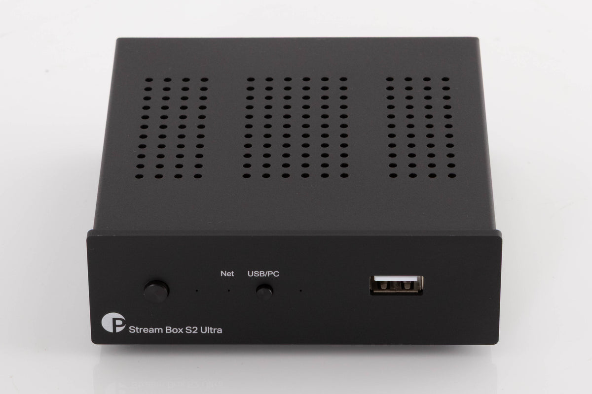Front view of a used Project Streambox S2 Ultra Network Streamer in a Black finish showing USB Input