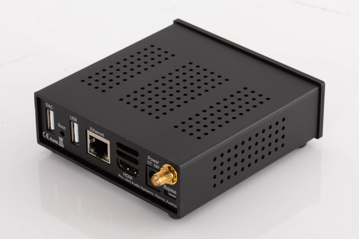 Rear left corner of a used Project Streambox S2 Ultra Network Streamer in a Black finish