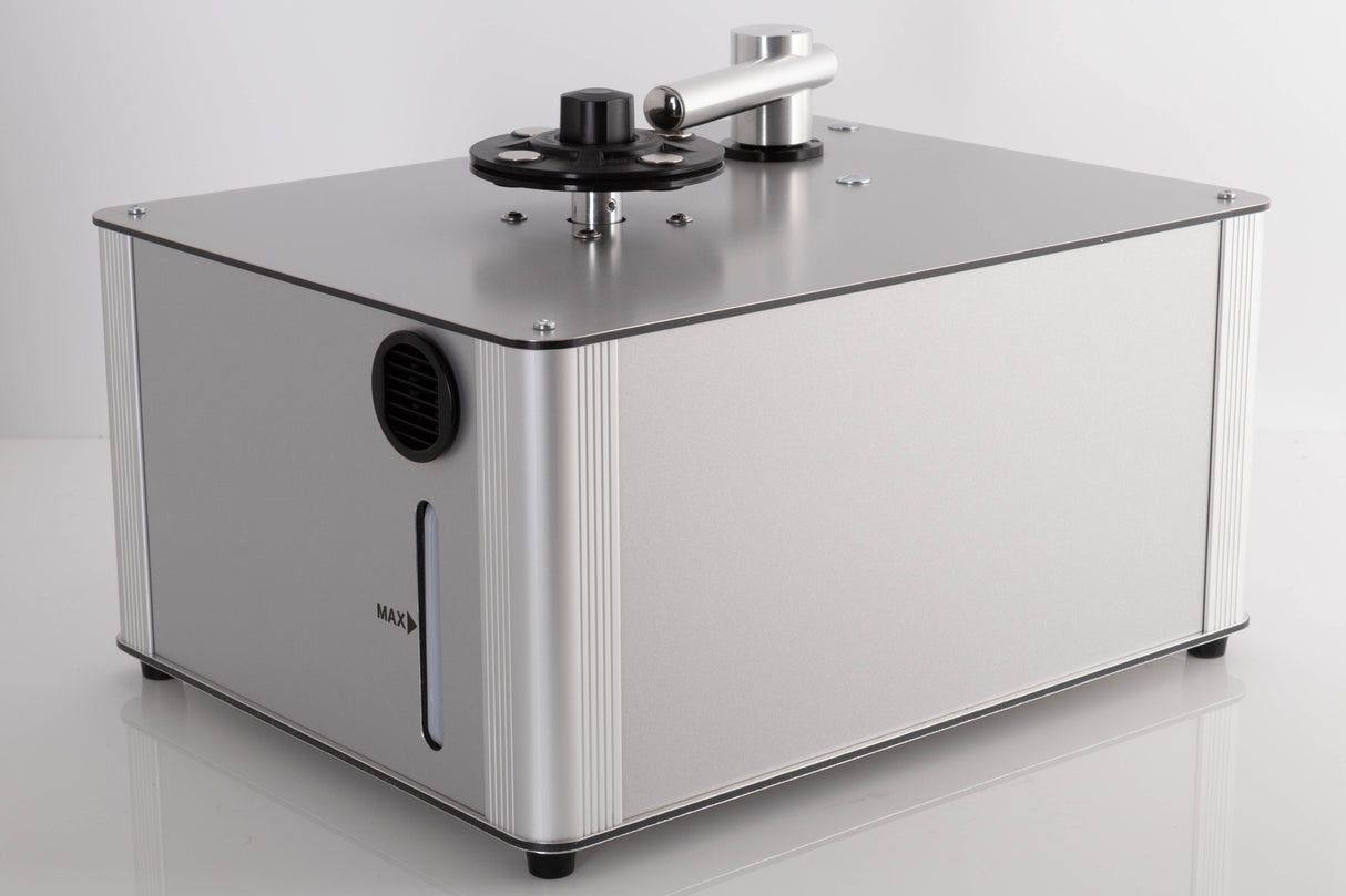 Front left corner of a used Project VC-S3 Record Cleaning Machine in a Silver finish