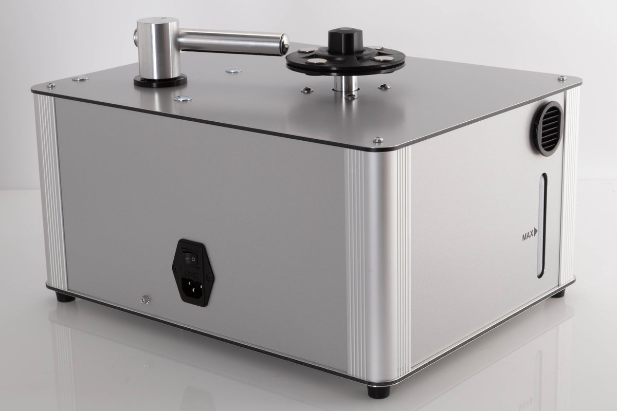Rear left corner of a used Project VC-S3 Record Cleaning Machine in a Silver finish