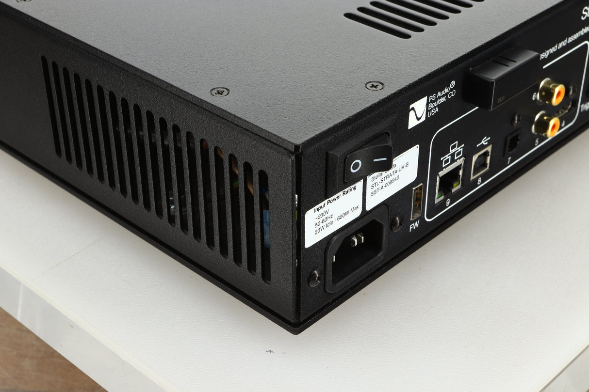 Rear left corner view of a used PS Audio Stellar Strata Mk1 Integrated Amplifier in black finish
