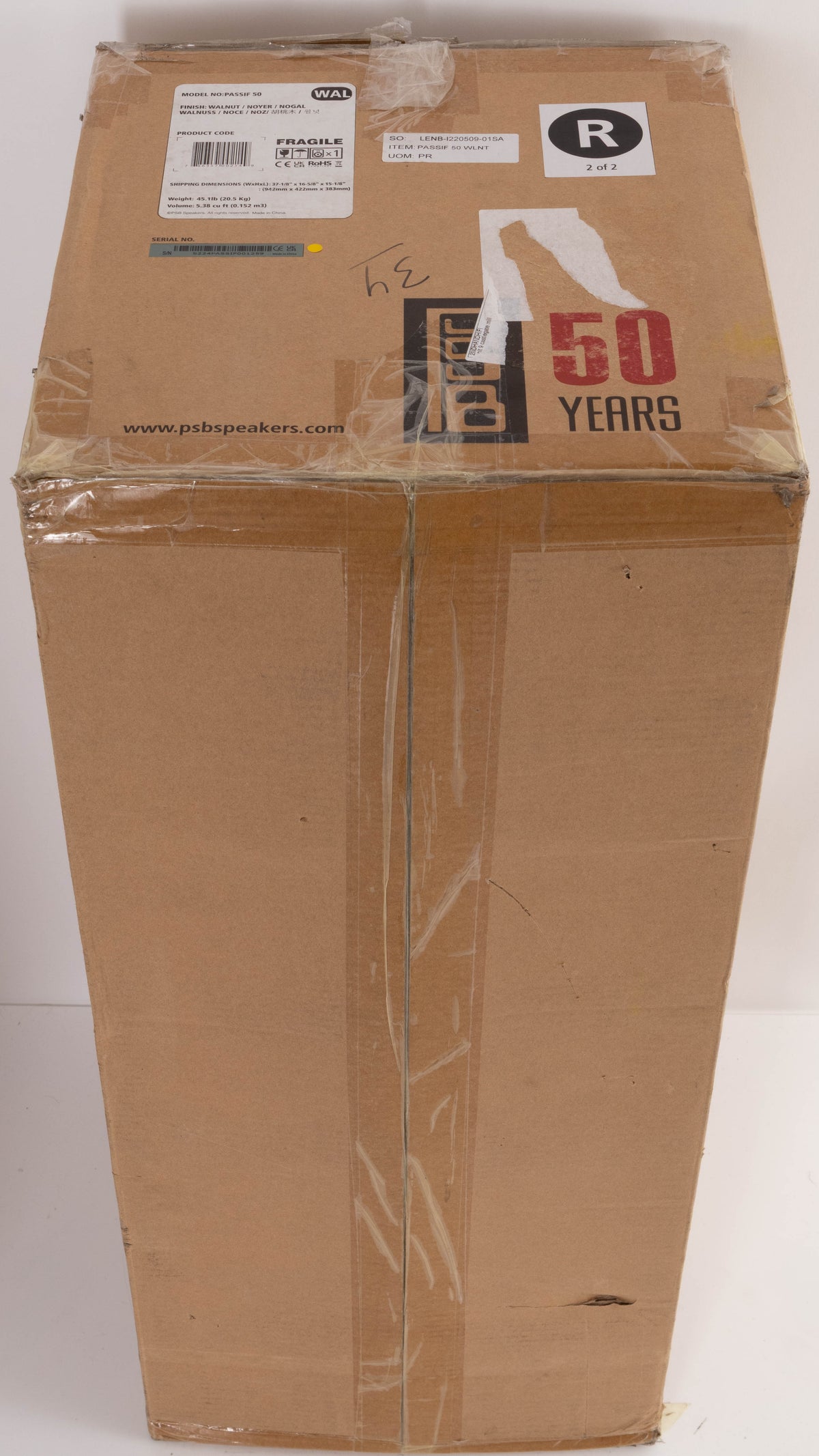 Box for a used PSB Passif-50 Anniversary Edition Standmount Speaker in a Walnut finish
