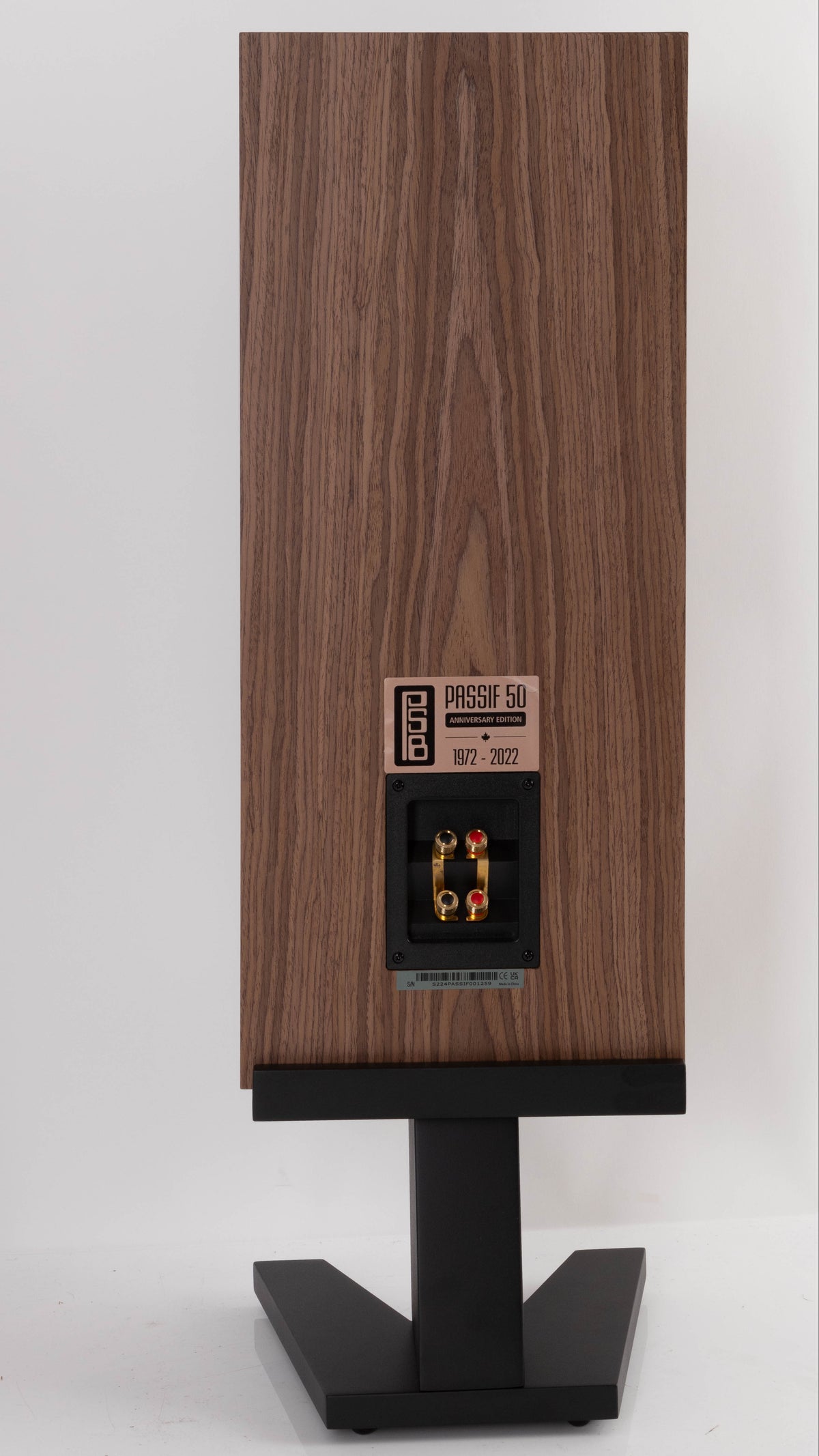 Rear view of a used PSB Passif-50 Anniversary Edition Standmount Speaker in a Walnut finish