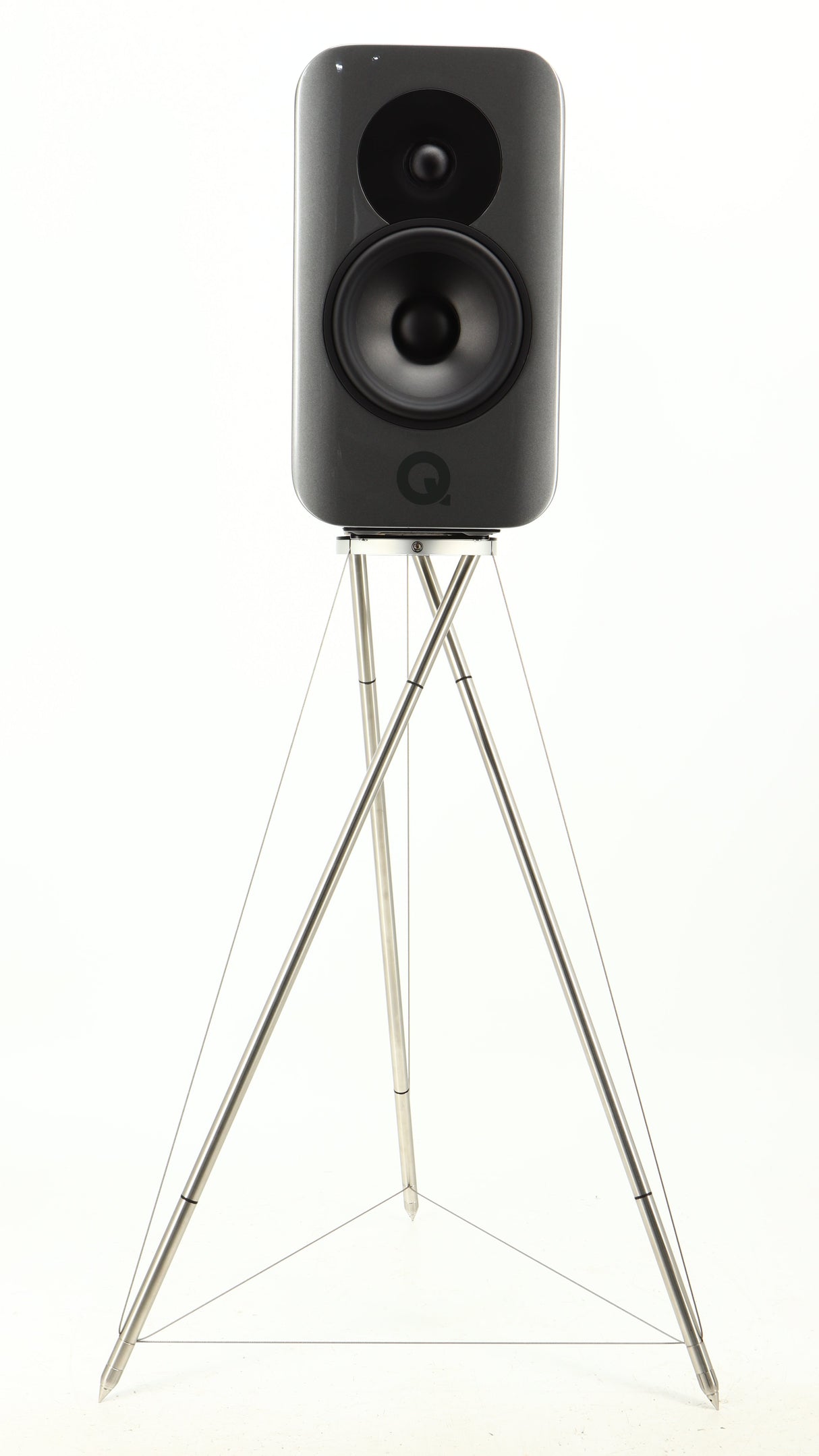 Front view of a used Q Acoustics Concept 300 Standmount Speaker W/ Stand in a black finish