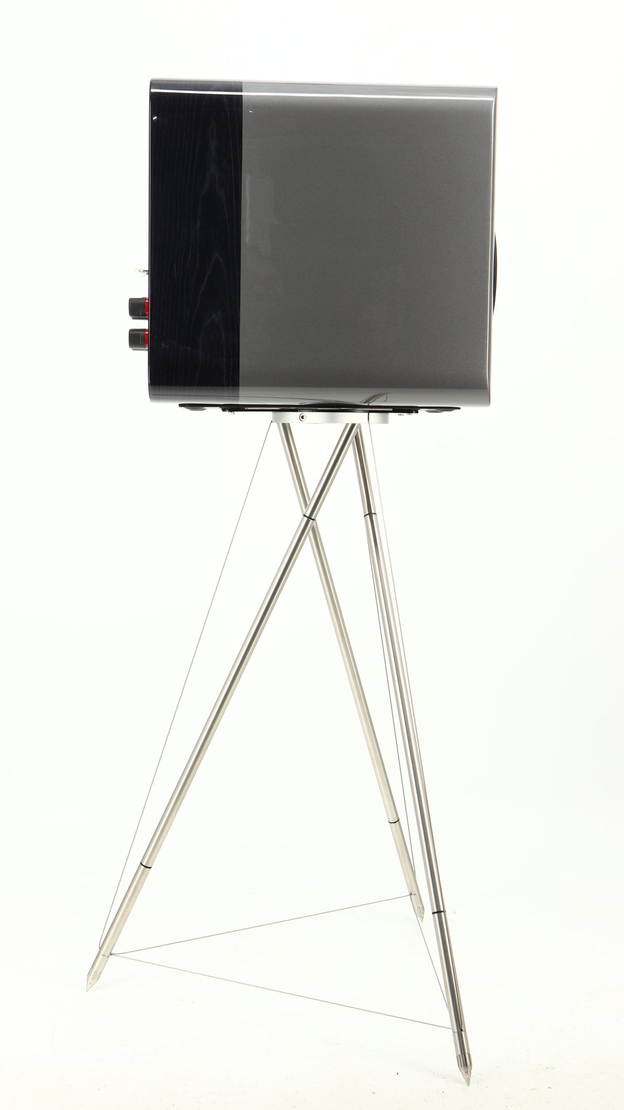 Left side view of a used Q Acoustics Concept 300 Standmount Speaker W/ Stand in a black finish