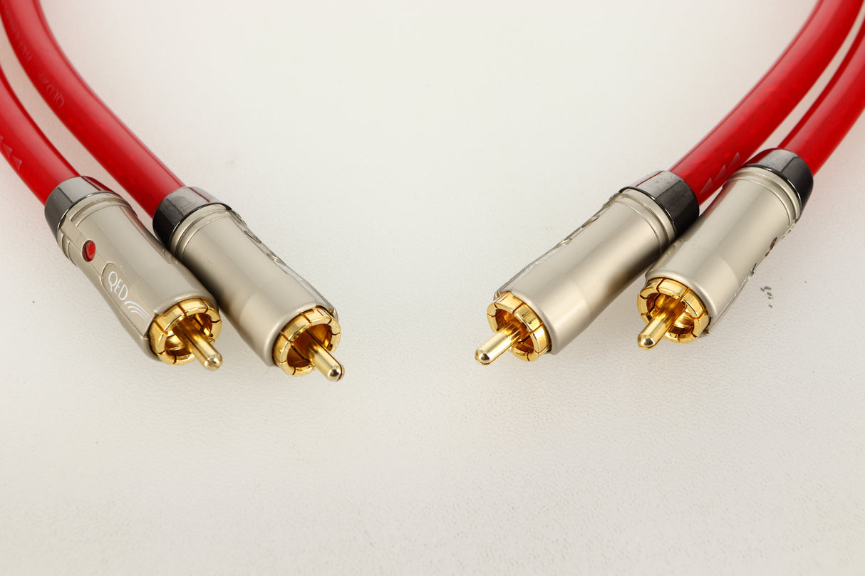 Close up view of a used pair of QED Reference Audio 1 RCA Interconnect 0.5m