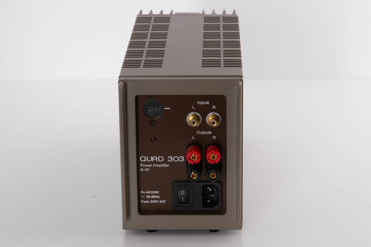 Rear view of a used Quad 303 Power Amplifier showing Mains Input, Phono Inputs and Speaker Outputs