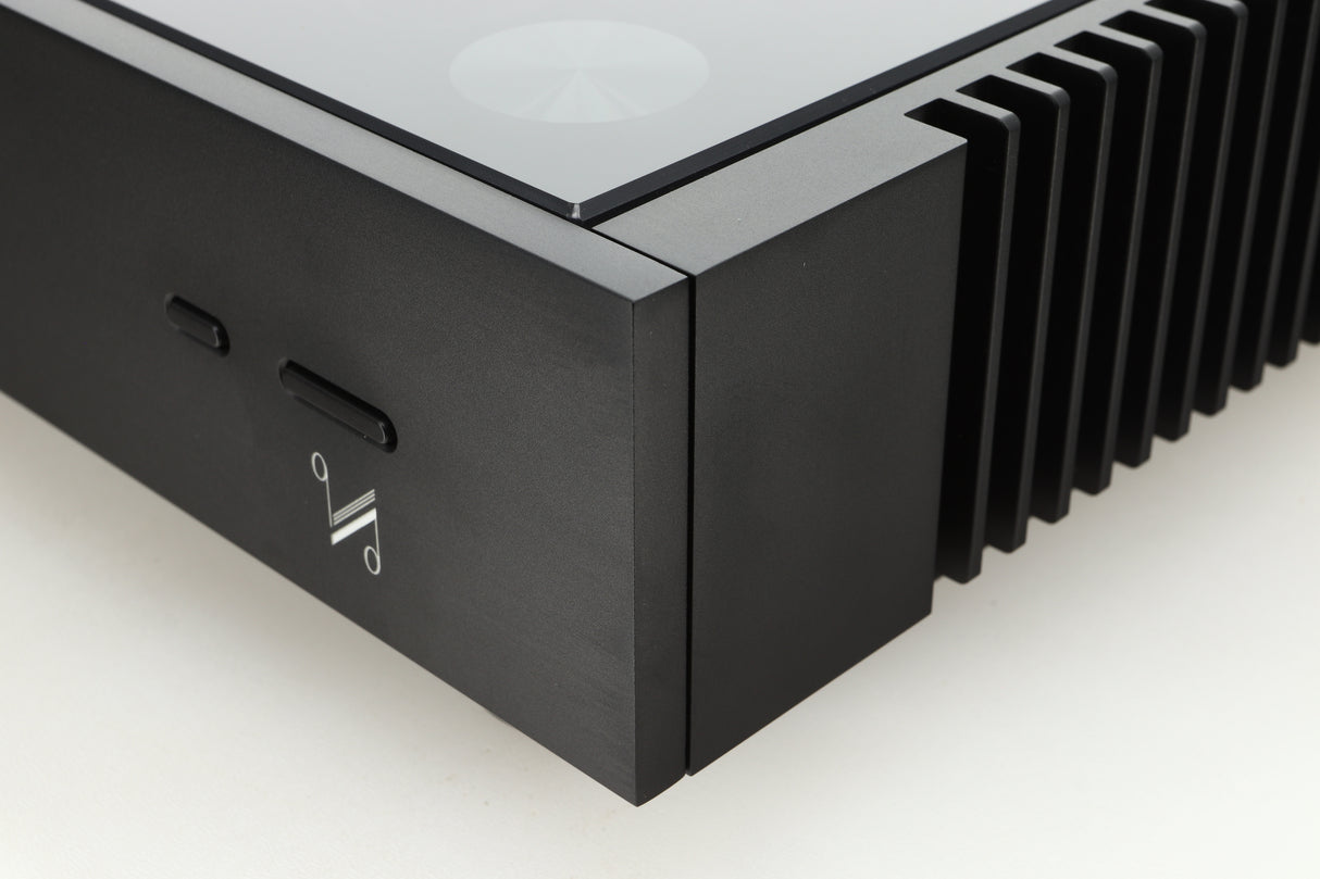 Close up of a used Quad Artera Pre Amplifier front right corner in black finish