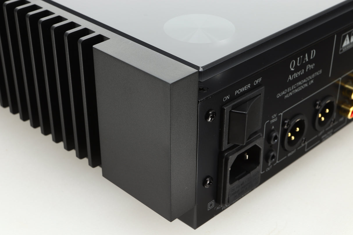 Close up of a used Quad Artera Pre Amplifier back left corner in black finish