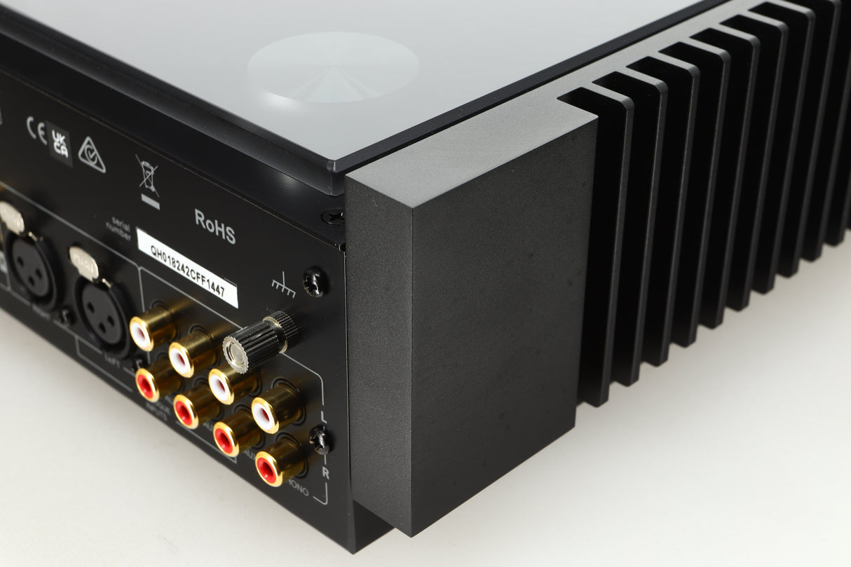 Close up of a used Quad Artera Pre Amplifier back right corner in black finish