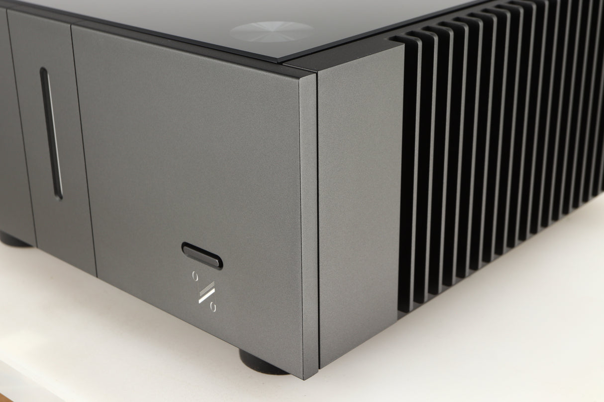 Front right corner of a used Quad Artera Stereo Power Amplifier in a black finish