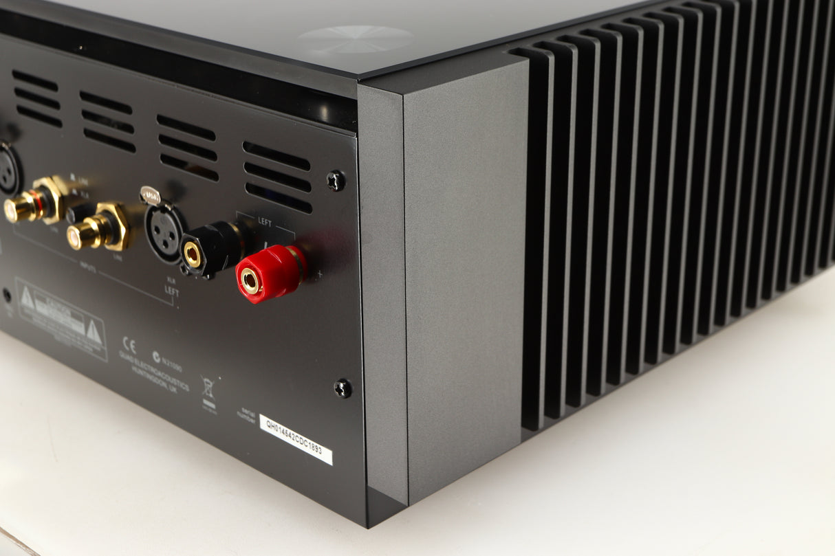 Rear left corner of a used Quad Artera Stereo Power Amplifier in a black finish