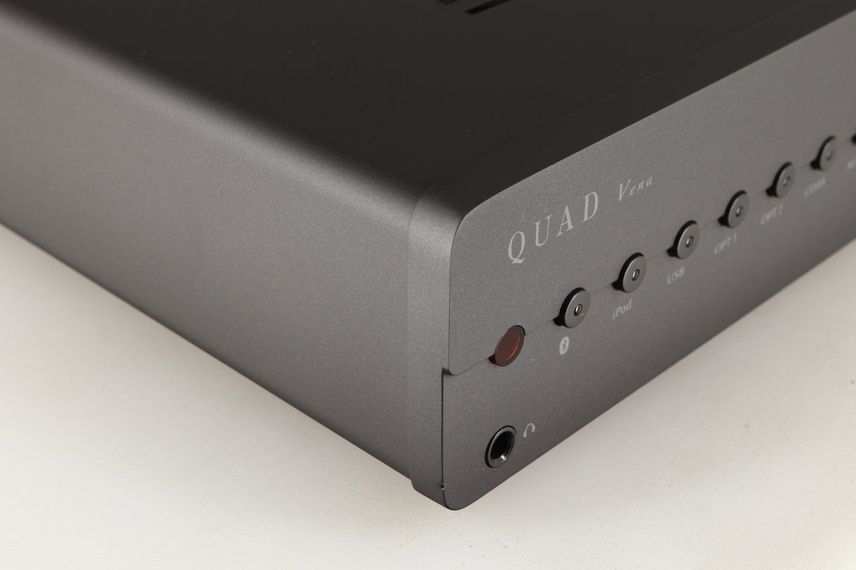 Front left corner of a used Quad Vena Integrated Amplifier in a lancaster grey finish