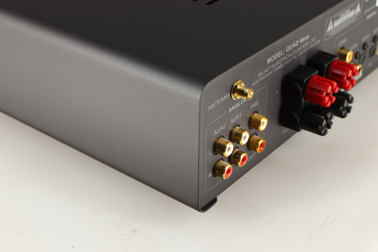 Rear right corner of a used Quad Vena Integrated Amplifier in a lancaster grey finish