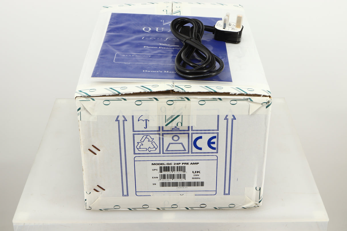 Box of a used Quad QC Twenty Four P Phonostage showing manual, and mains cable