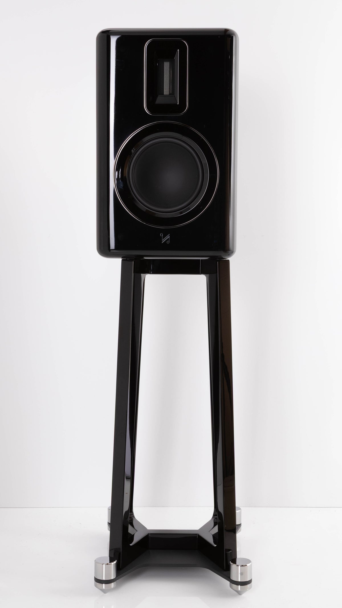 Front view of a used Quad Revela 1 Standmount Speakers W/ Stands in a Walnut finish