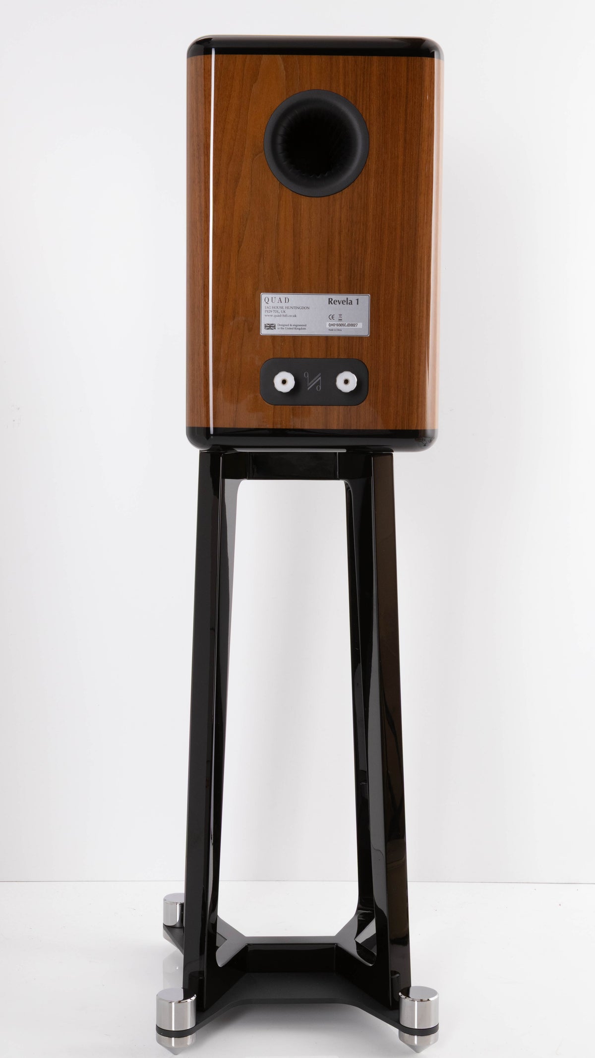Rear view of a used Quad Revela 1 Standmount Speakers W/ Stands in a Walnut finish