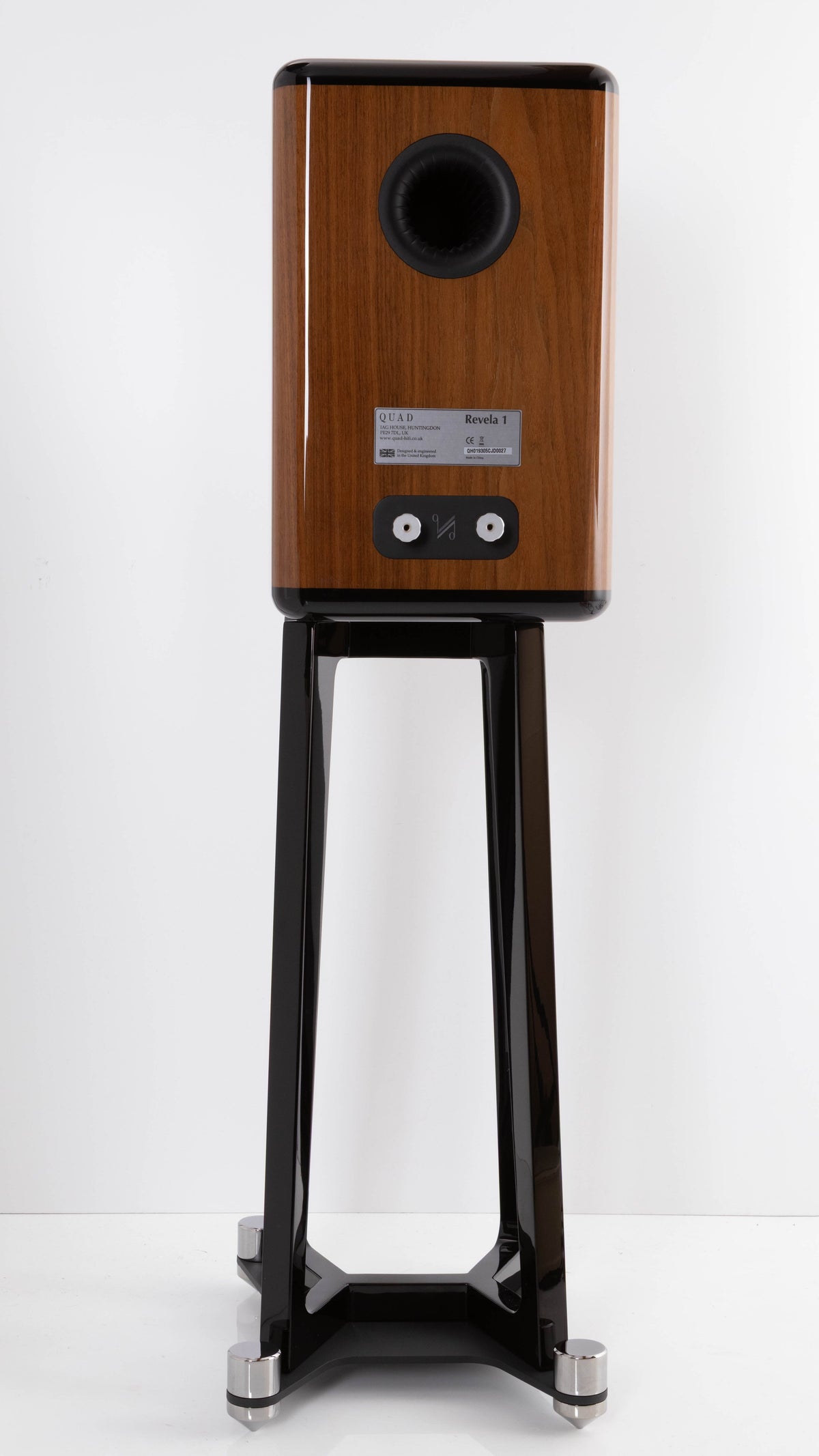 Rear view of a used Quad Revela 1 Standmount Speakers W/ Stands in a Walnut finish