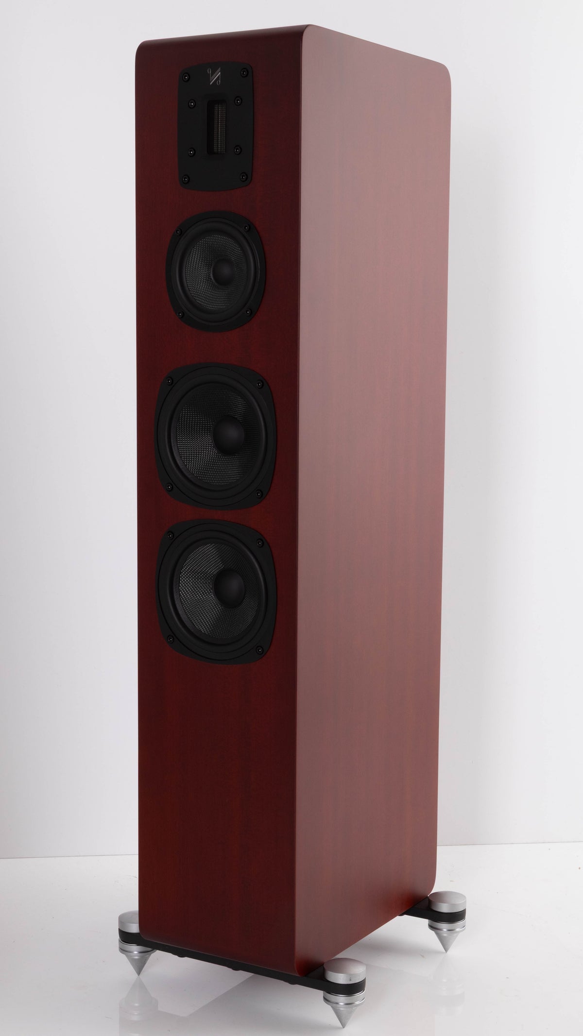 Front right corner of a used Quad S-4 Floorstanding Speaker in a Sapele Mahogany finish