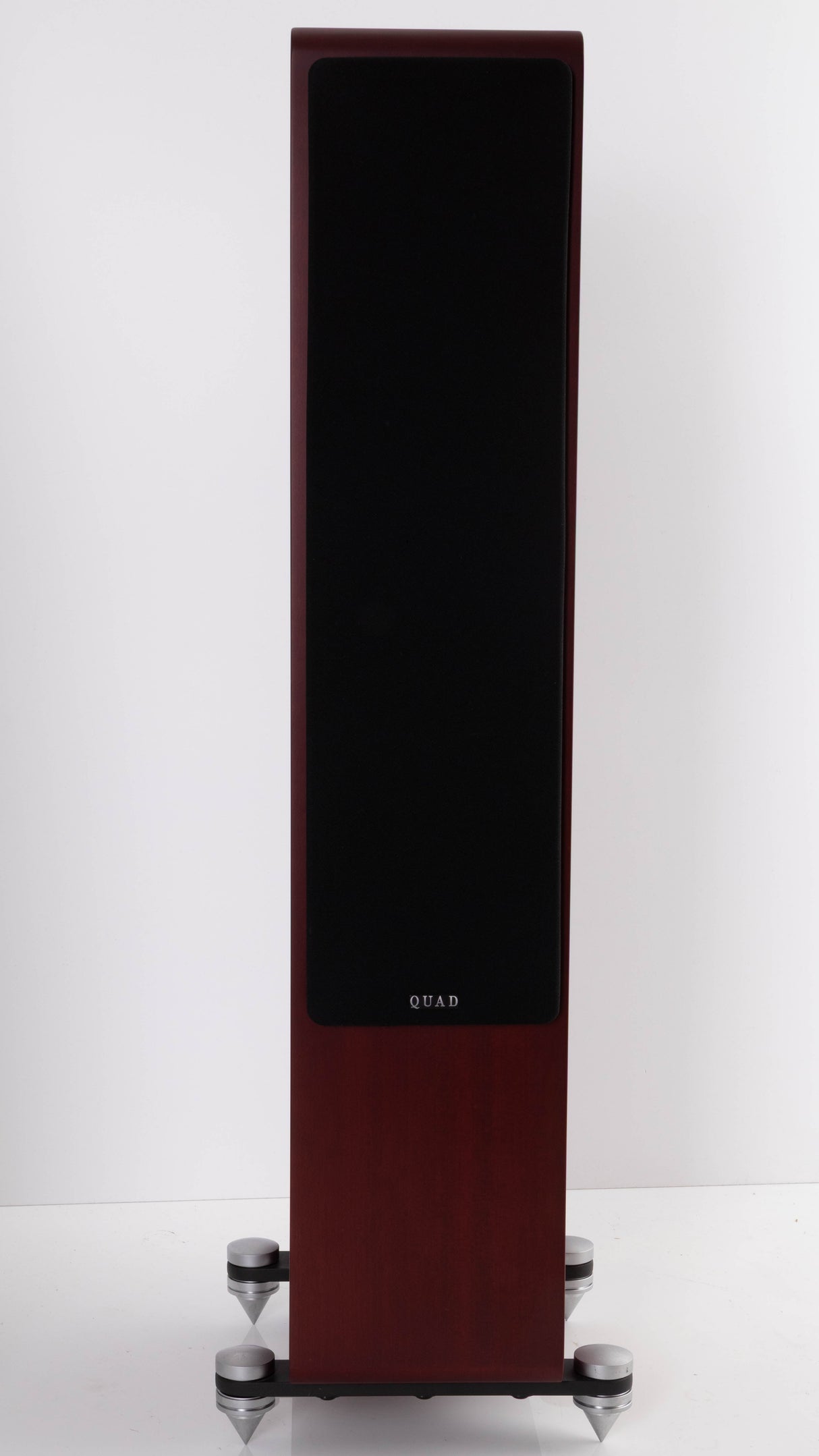Front view of a used Quad S-4 Floorstanding Speaker in a Sapele Mahogany finish showing Grille
