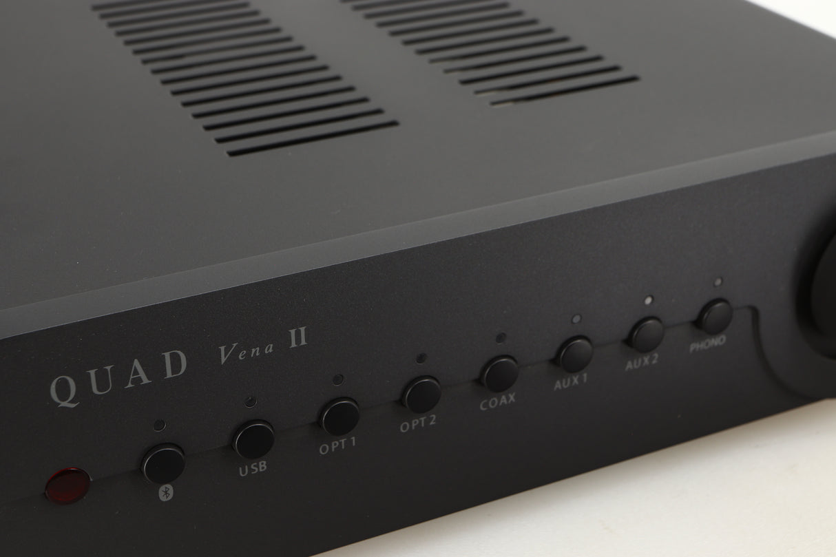 Close up of a used Quad Vena II Integrated Amplifier in a lancaster grey finish showing some of the fascia