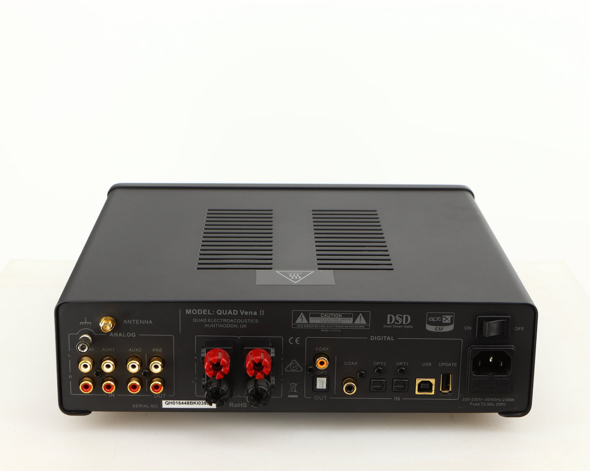 Rear view of a used Quad Vena II Integrated Amplifier in a lancaster grey finish showing Phono Inputs, Phono Outputs, Optical Inputs, Optical Output, USB Input and Mains Input