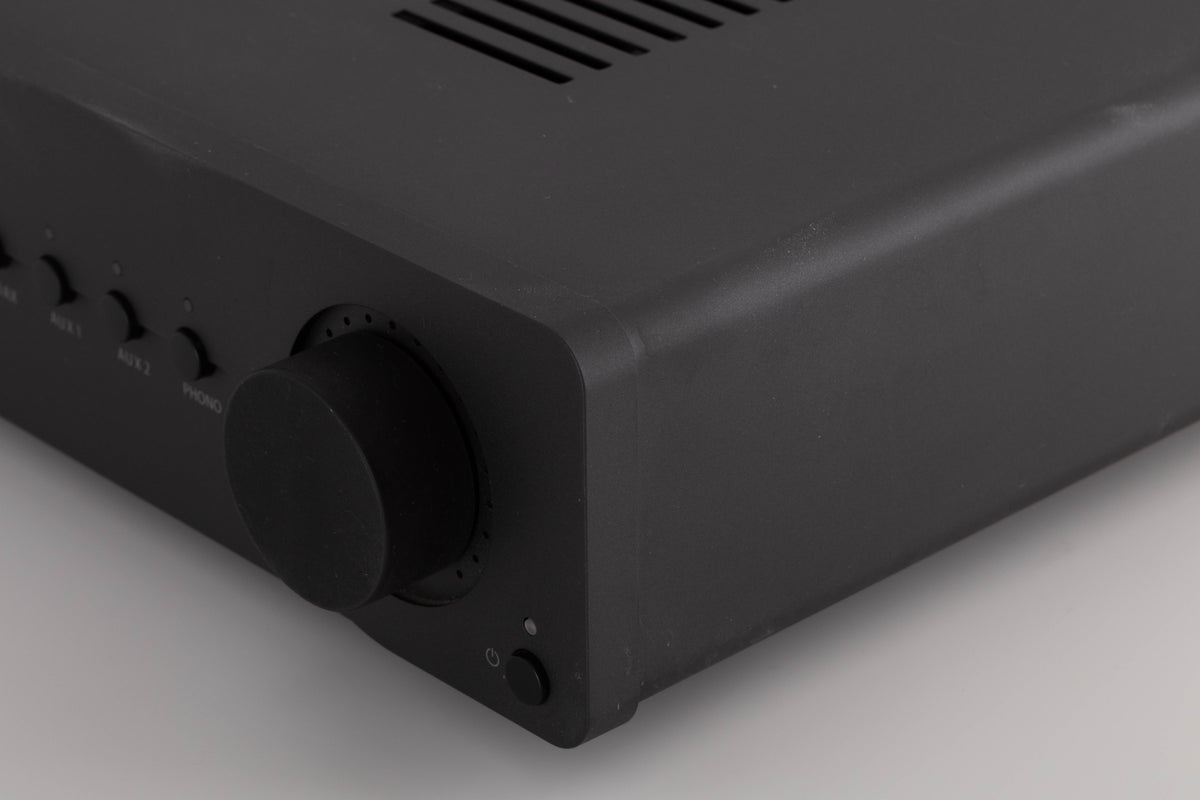 Front right corner view of a used Quad Vena II Play Integrated Amplifier in Lancaster Grey
