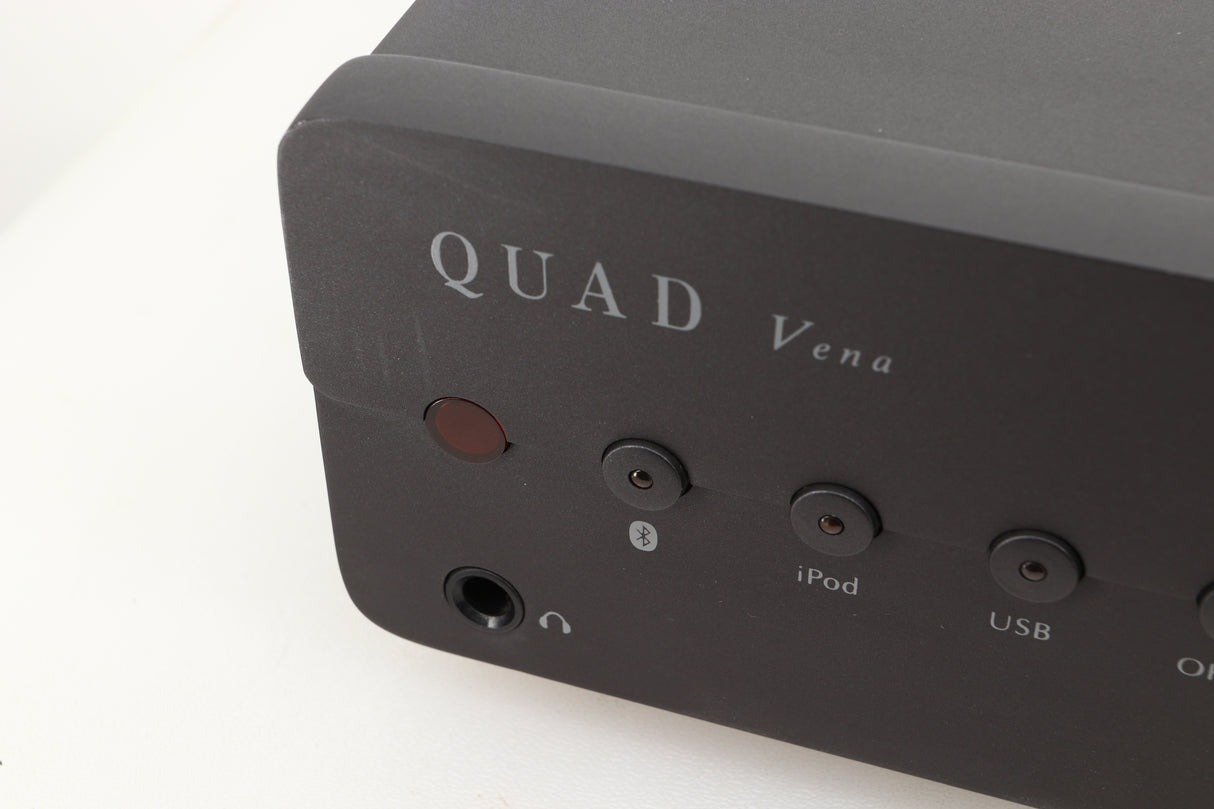 Close up view of a used Quad Vena Integrated Amplifier in Lancaster Grey finish showing some marks on the left side of the fascia