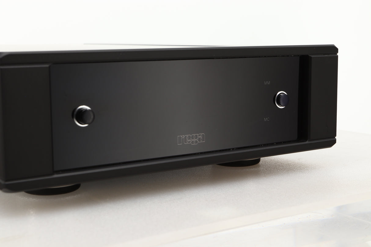 Close up of a used Rega Aria MK3 Phonostage in a black finish showing the screen