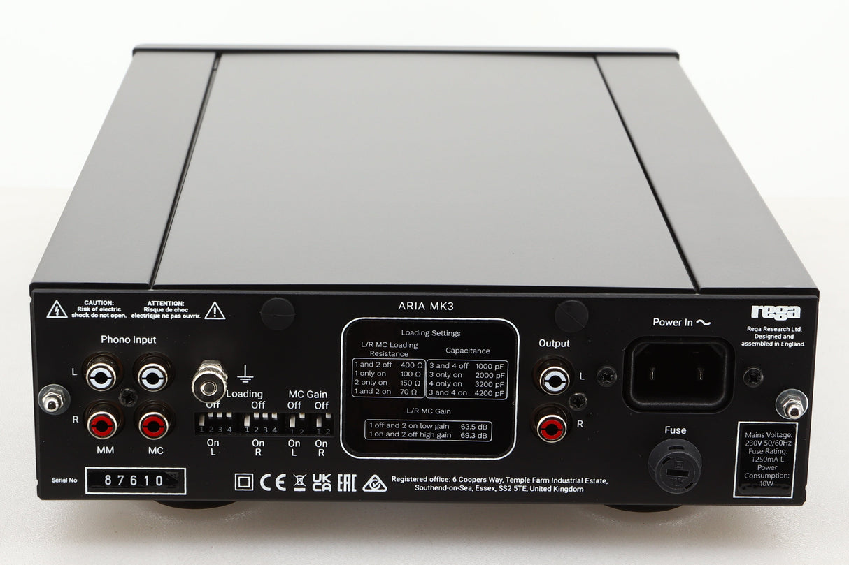 Rear view of a used Rega Aria MK3 Phonostage in a black finish showing Mains Input and Phono Inputs