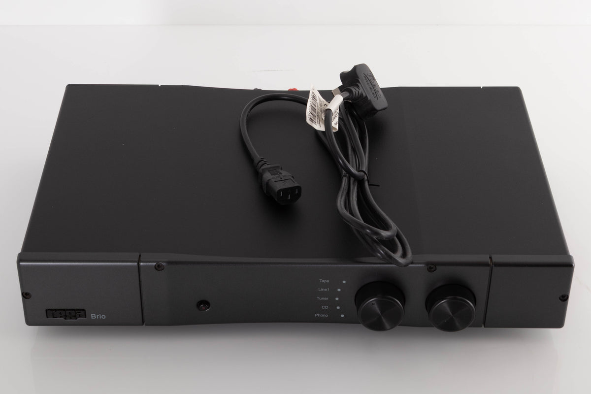 Top of a used Rega Brio Integrated Amplifier in a Black finish showing Mains Cable