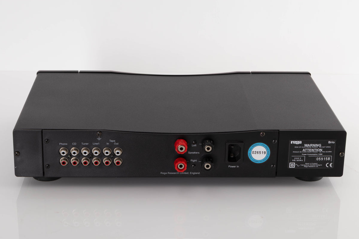 Rear view of a used Rega Brio Integrated Amplifier in a Black finish showing Phono Inputs, Phono Outputs and Mains Input