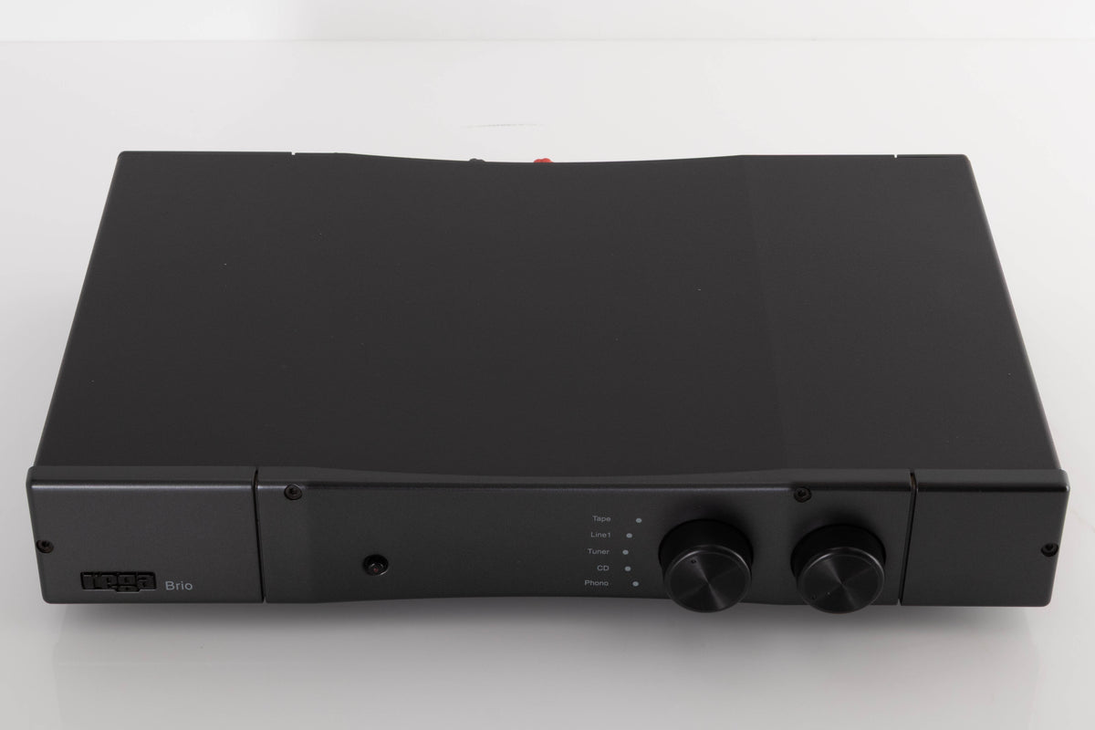 Top of a used Rega Brio Integrated Amplifier in a Black finish