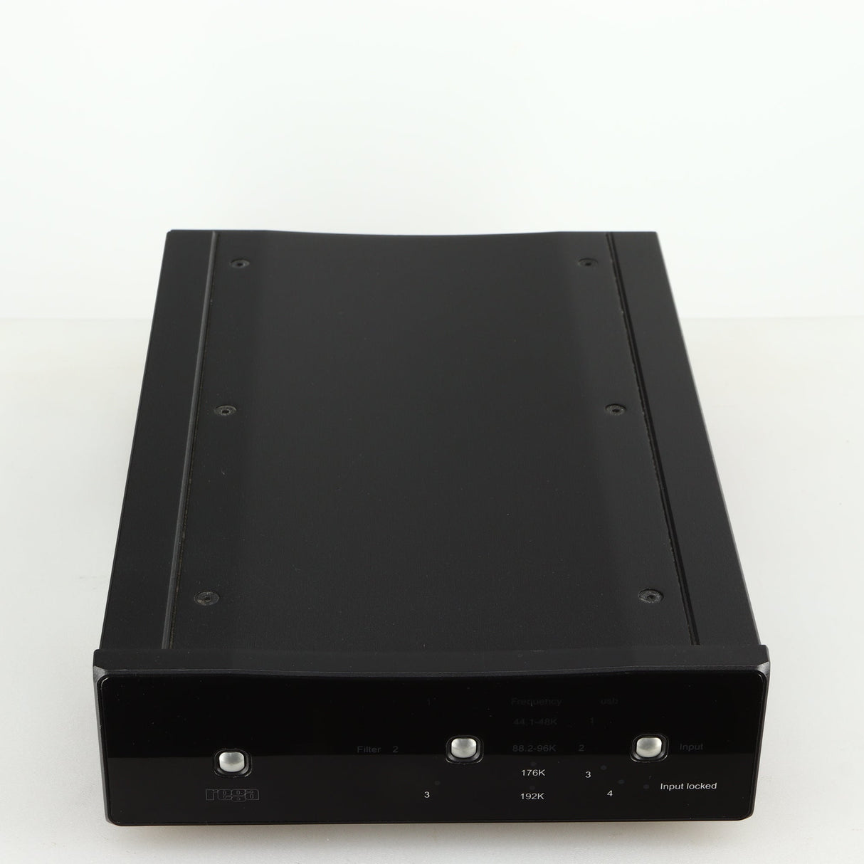 Top view of a used Rega DAC-R Digital Analogue Converter in a black finish