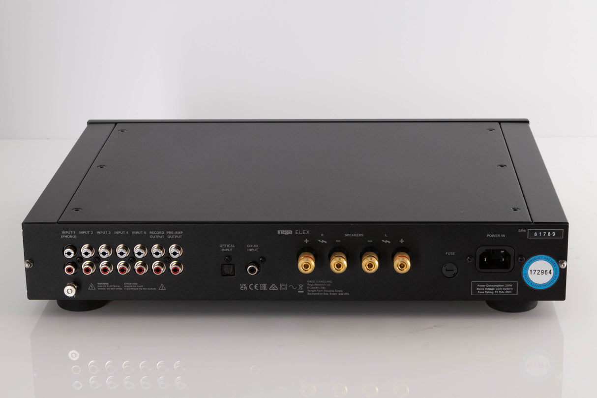 Rear view of a used Rega Elex MK4 Integrated Amplifier in a Black finish showing Phono Inputs, Phono Outputs, Optical Input and Mains Input