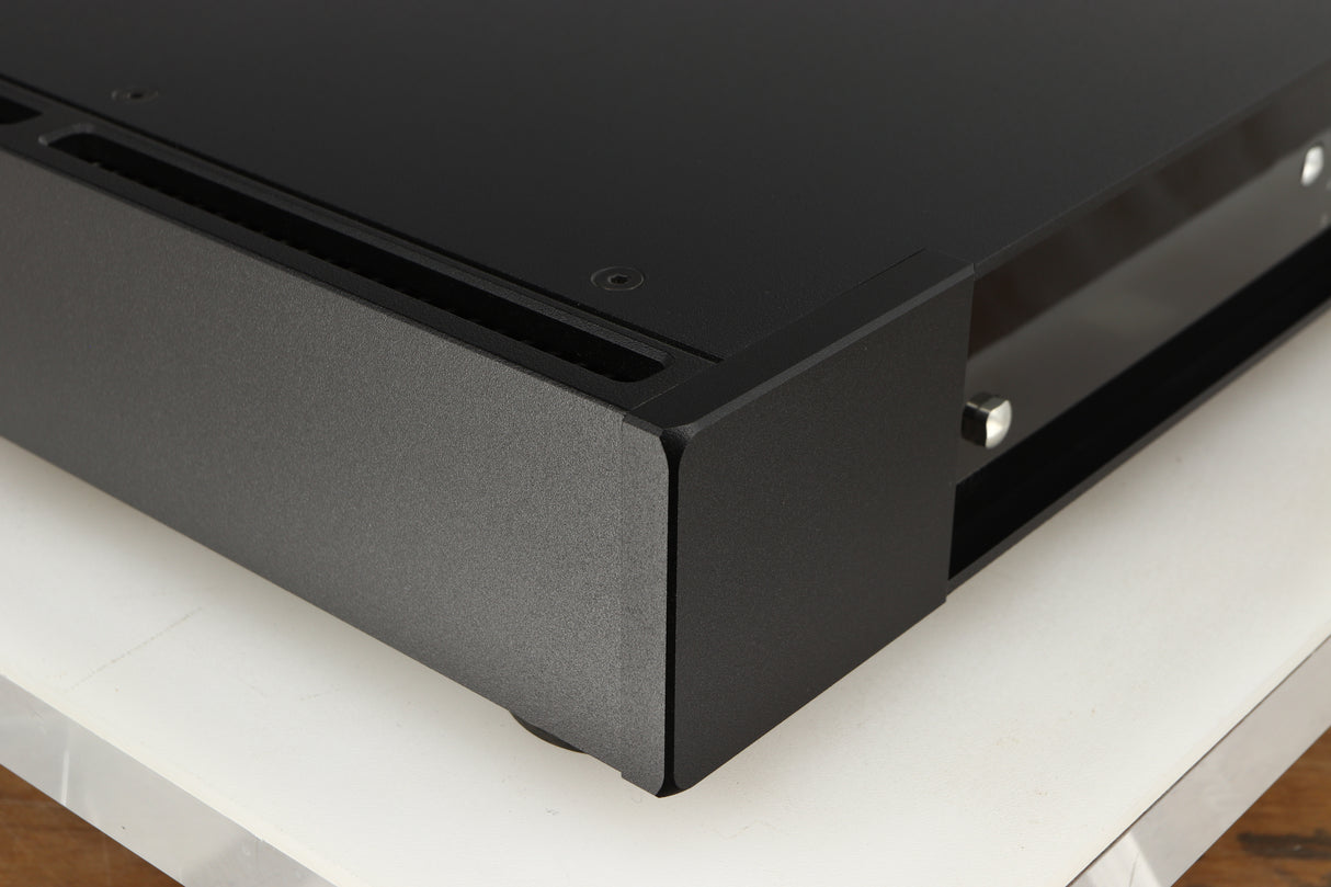 Front left corner of a used Rega Elicit-R Integrated Amplifier in a black finish