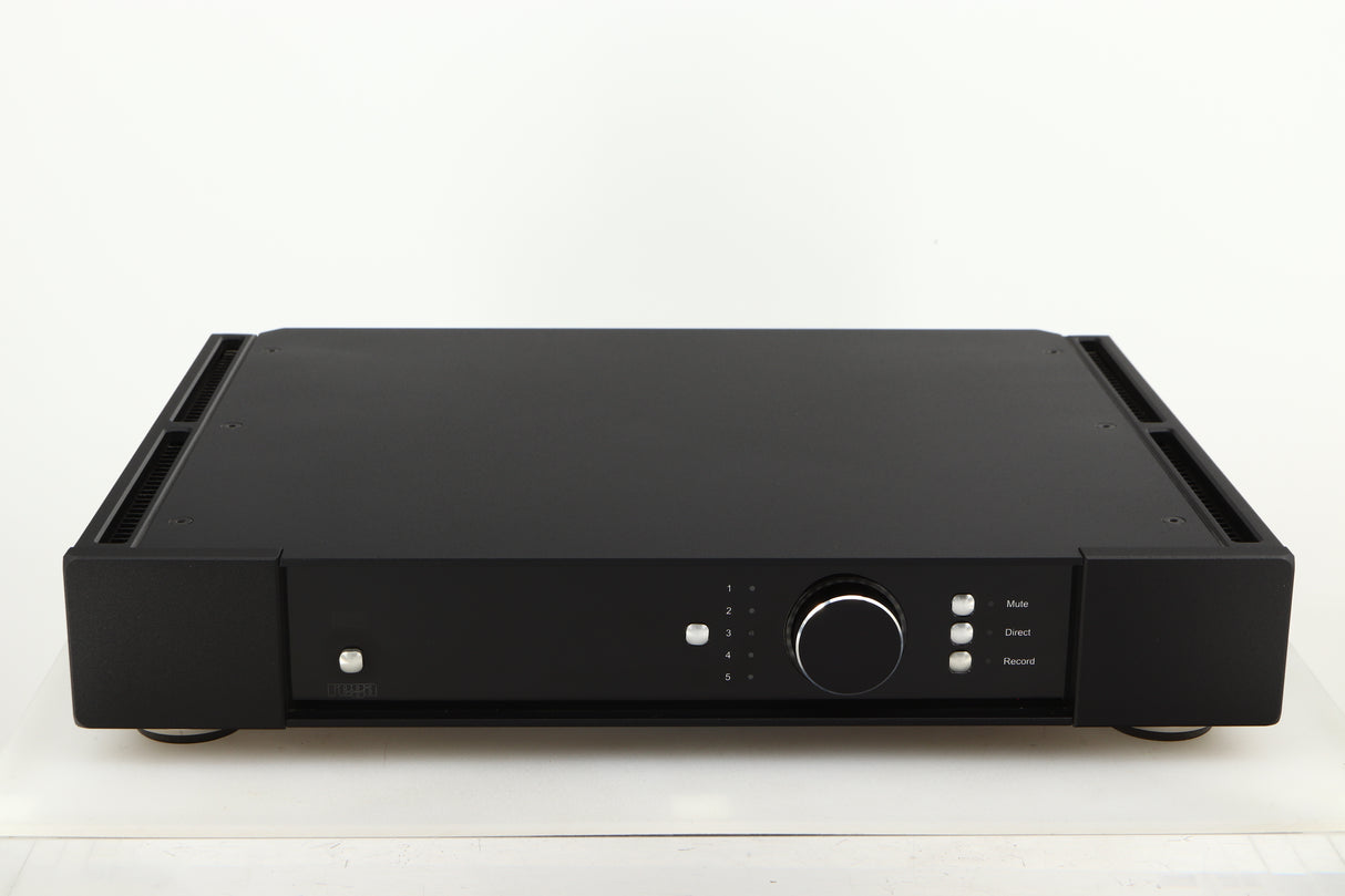 Front view of a used Rega Elicit-R Integrated Amplifier in a black finish