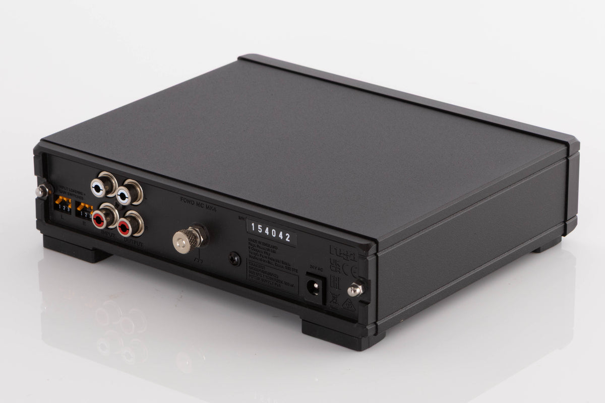 Rear left corner of a used Rega FONO MC MK4 Phonostage in a Black finish